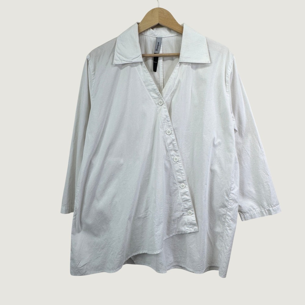 Blanque Asymmetric Button Down Shirt Size 1 White Minimalist Avant Garde Blouse